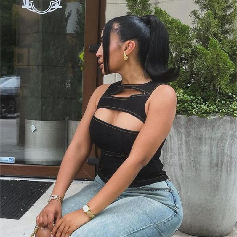 Women’s imitation denim vest top with sexy cutout design, sleeveless summer clothing by Wanita Store