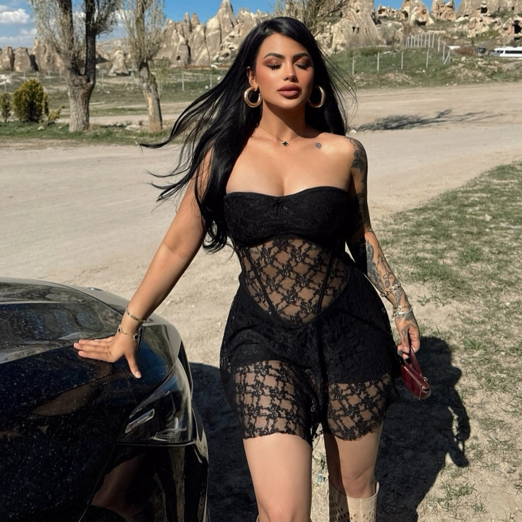 Summer women’s see-through lace stitching tube top dress by Bella Mia, slim fit and stylish for warm-weather fashion.