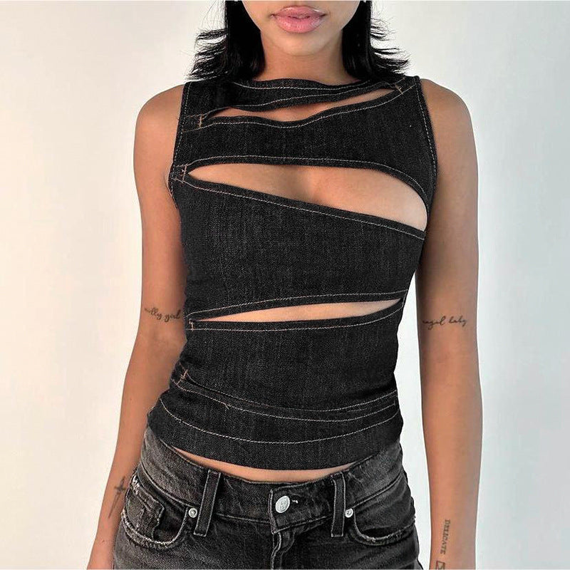 Plush Fashion Hub women's summer denim vest top with cutout details, stylish imitation denim fabric, sleeveless design.