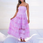 Plush Fashion Hub casual maxi dress for women, featuring embroidery, hollow out cutout details, and a tube top design for spring.