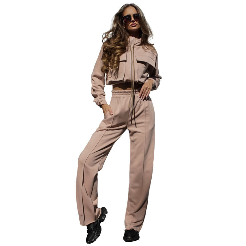 Bella Mia women's autumn winter casual outfit featuring a solid color zipper double bag drawstring long sleeve top and trousers set.