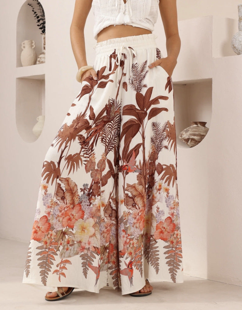 Leaf print wide leg summer pants from Wanita Store featuring casual, loose fit and comfortable wide-leg design.