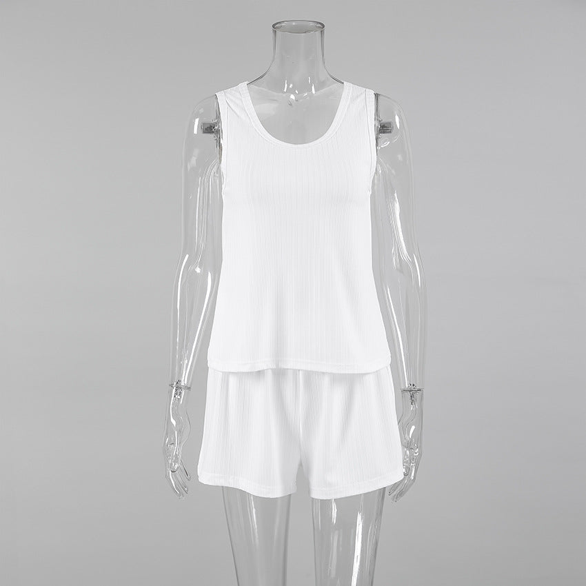Bella Mia spring knitted sunken stripe ladies homewear vest and shorts two-piece set, casual soft and comfortable pajamas.