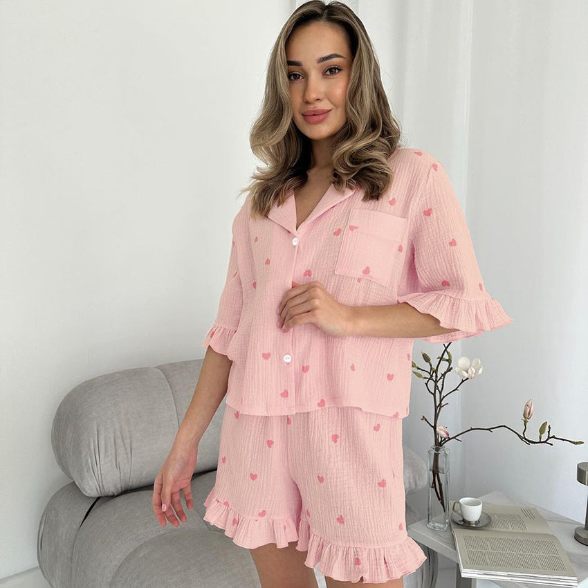 Bella Mia women's summer pajama set with crepe cotton fabric, heart print, short sleeves, and matching shorts for home wear.