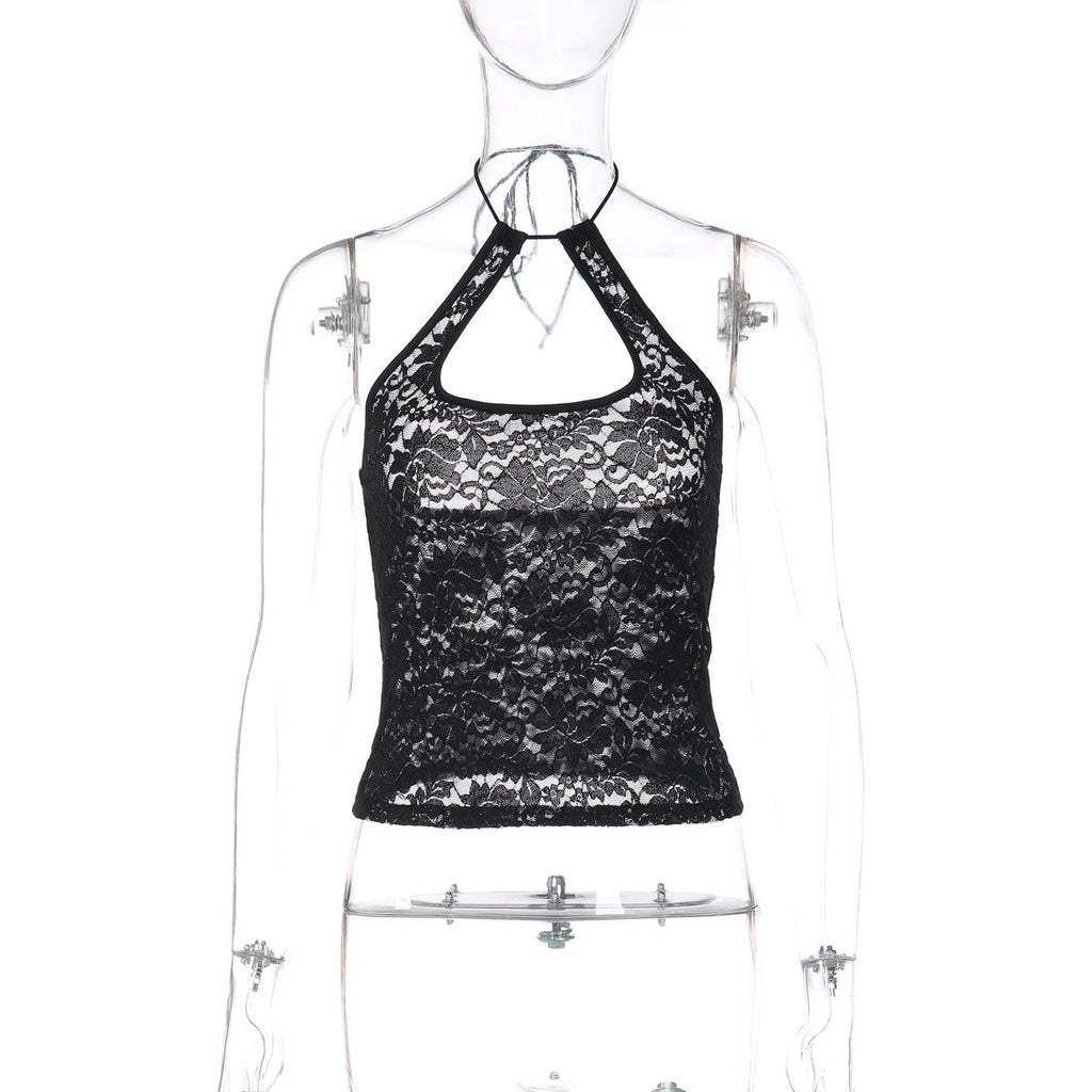 Bella Mia women's summer lace halter backless vest top, stylish all-match sleeveless design with intricate lace details.