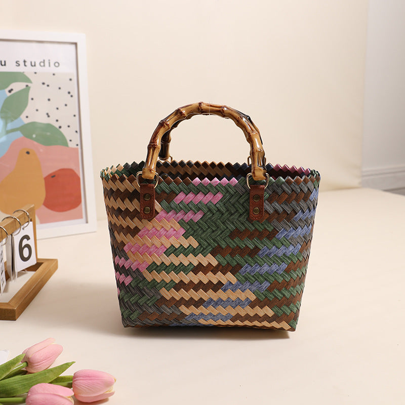 Bella Mia retro color woven straw bag, square hand-woven beach tote with vibrant stripes, perfect for vacation and summer outings.