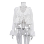 Bella Mia women's spring ruffled flare sleeve tie-neck top, stylish matching shirt with feminine details and lightweight fabric.