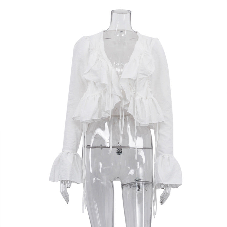 Bella Mia women's spring ruffled flare sleeve tie-neck top, stylish matching shirt with feminine details and lightweight fabric.
