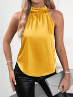 Bella Mia women's summer satin vest, solid color off-shoulder halter sleeveless top with a stylish, smooth fabric finish.