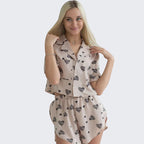 Bella Mia women's spring summer heart print short sleeve cardigan and split shorts pajamas, casual and comfortable home wear.