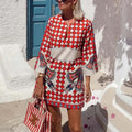 Cotton linen casual mini dress with printed design and 3/4 sleeves from Wanita Store, featuring a relaxed, stylish fit.
