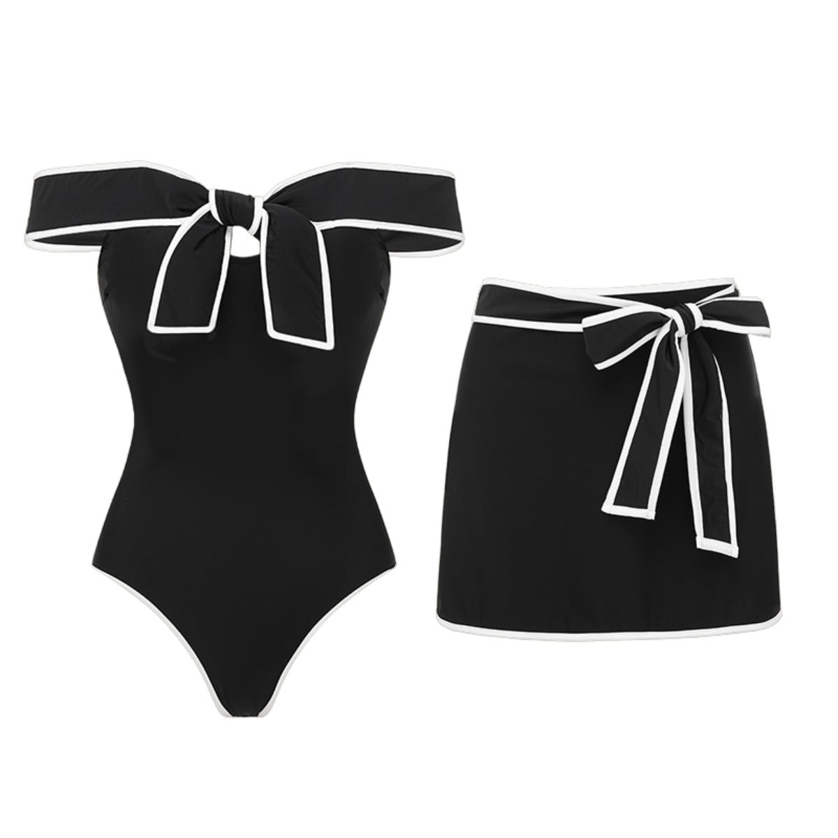 Black and white matching swimsuit for women with a sweet girl bow and white skirt, stylish swimwear by Plush Fashion Hub.