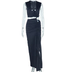 Women’s solid color Bella Mia dress with V-neck, off-shoulder design, sleeveless, irregular hem, and asymmetric slit.