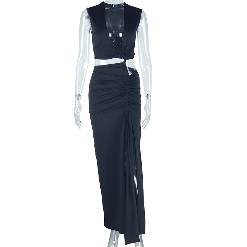 Women’s solid color Bella Mia dress with V-neck, off-shoulder design, sleeveless, irregular hem, and asymmetric slit.