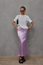 Bella Mia women's satin hip skirt with artificial silk fabric, perfect for spring and summer casual wear.