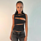 Women’s imitation denim vest top with cutout design, stylish summer women’s clothing by Wanita Store, casual sleeveless fashion.