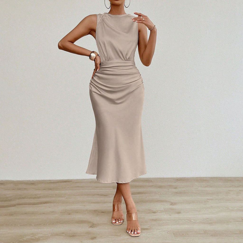 Women’s sexy satin midi dress by Bella Mia, featuring a pleated design and summer-ready style, shown in a sleek satin fabric.
