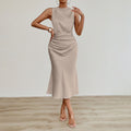 Women’s sexy satin midi dress by Bella Mia, featuring a pleated design and summer-ready style, shown in a sleek satin fabric.