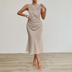 Women’s sexy satin midi dress by Bella Mia, featuring a pleated design and summer-ready style, shown in a sleek satin fabric.