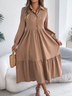 Loose long sleeve ruffled shirt dress for women, autumn winter casual collared dress from Wanita Store, stylish and comfortable.