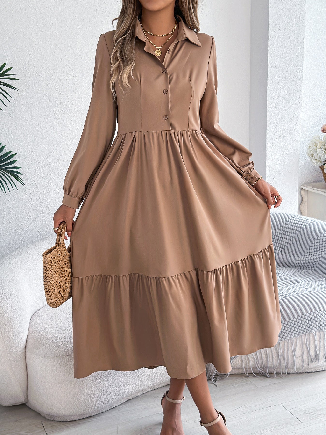 Loose long sleeve ruffled shirt dress for women, autumn winter casual collared dress from Wanita Store, stylish and comfortable.