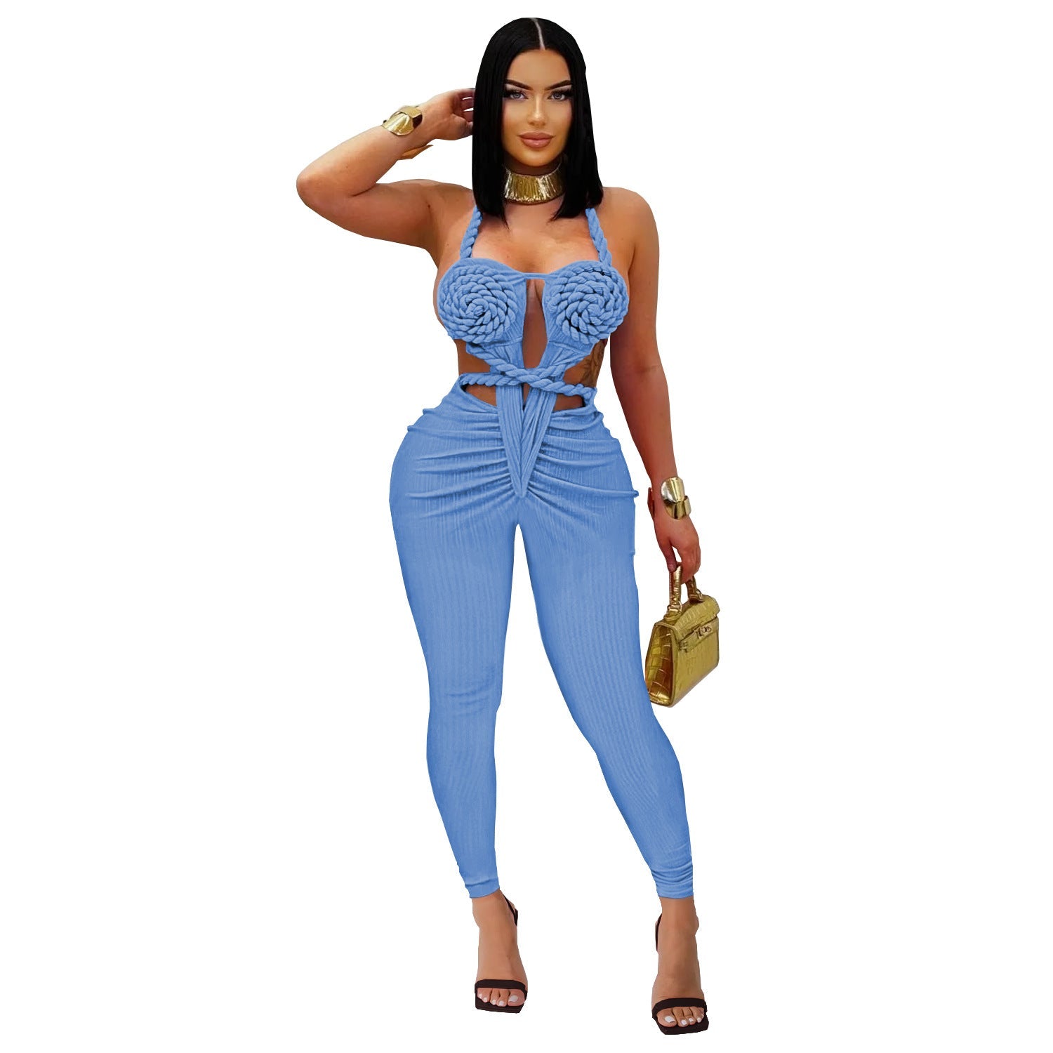 Women wearing a black halter backless solid color jumpsuit from Wanita Store, showcasing its casual and sexy style.
