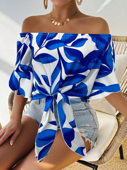 Women Clothing Early Autumn Satin Shirt Printed off the Shoulder Red Loose Fitting Shirt Bella Mia