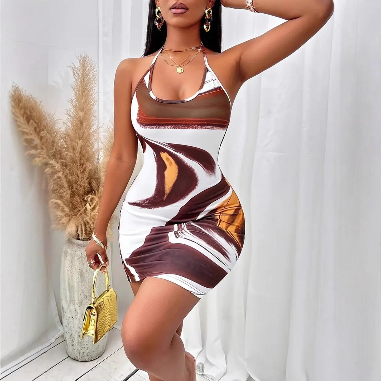 Women’s printed backless lace-up skinny sheath cami dress by Plush Fashion Hub, featuring a sexy design and fitted silhouette.