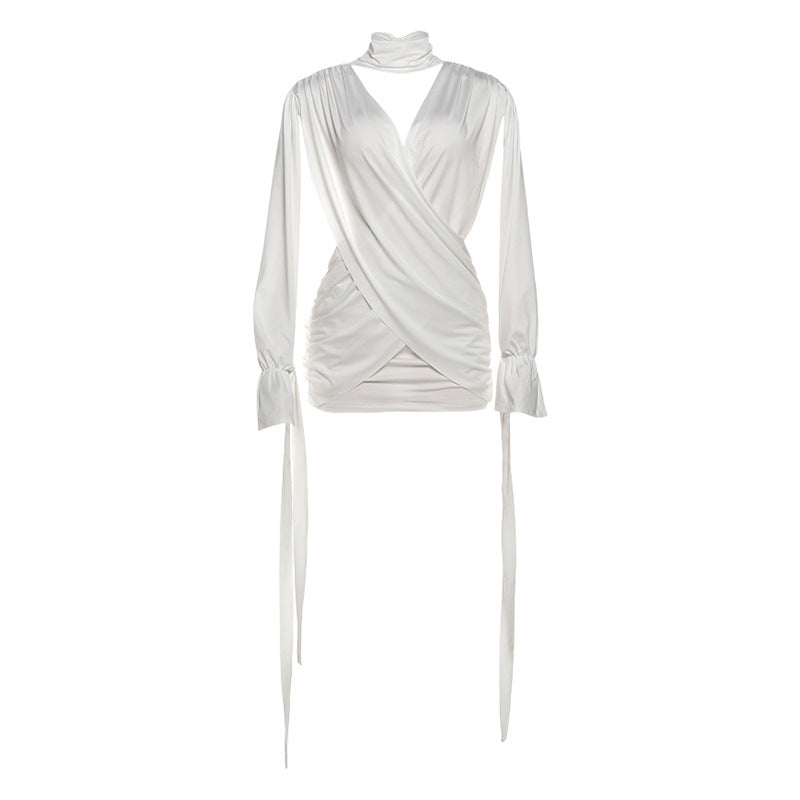 Bella Mia women's long sleeve deep V plunge neck dress with cutout and cross stitching, featuring a solid color fall winter design.