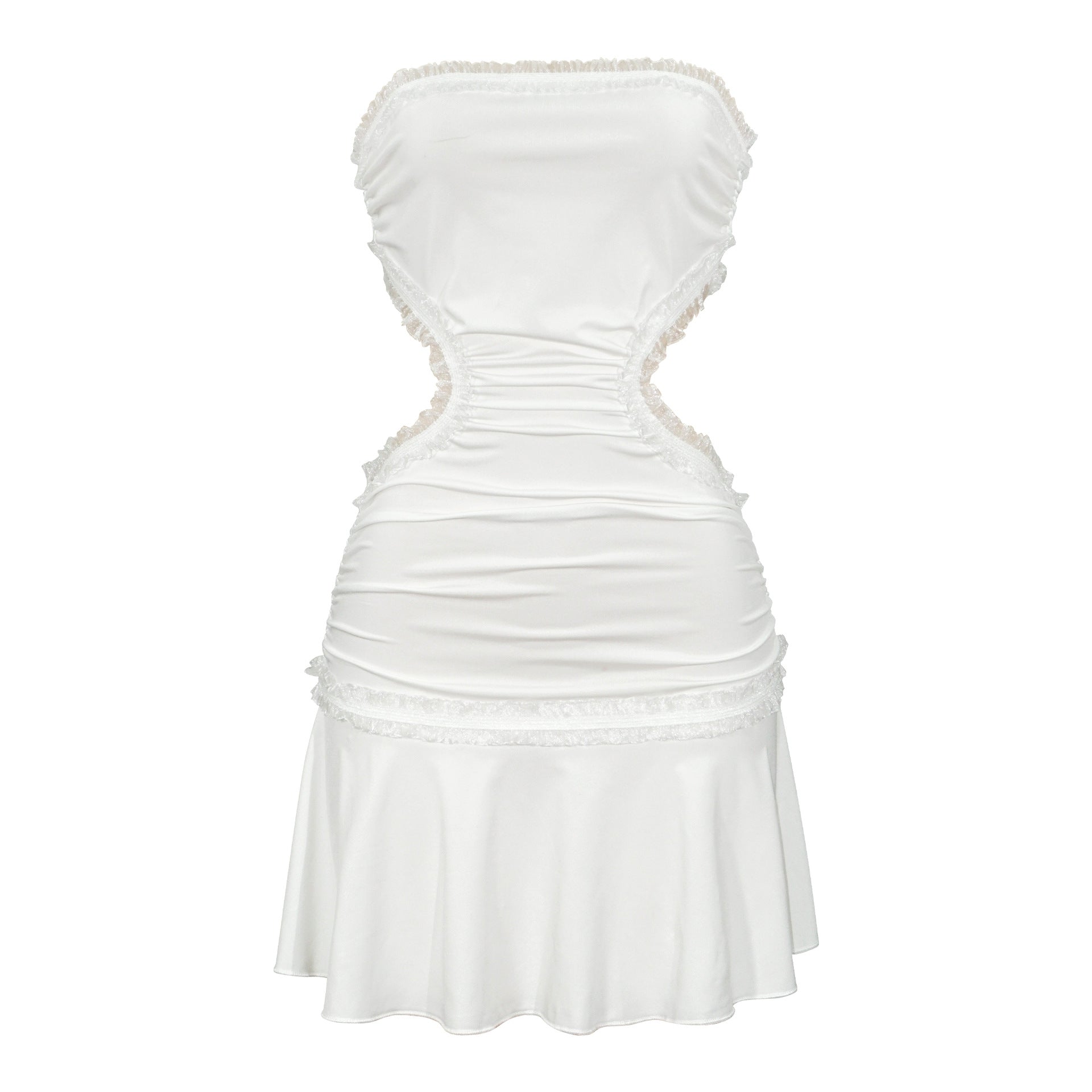 Backless sexy lace splicing sling cropped dress from Plush Fashion Hub, featuring a trendy short design and stylish details.