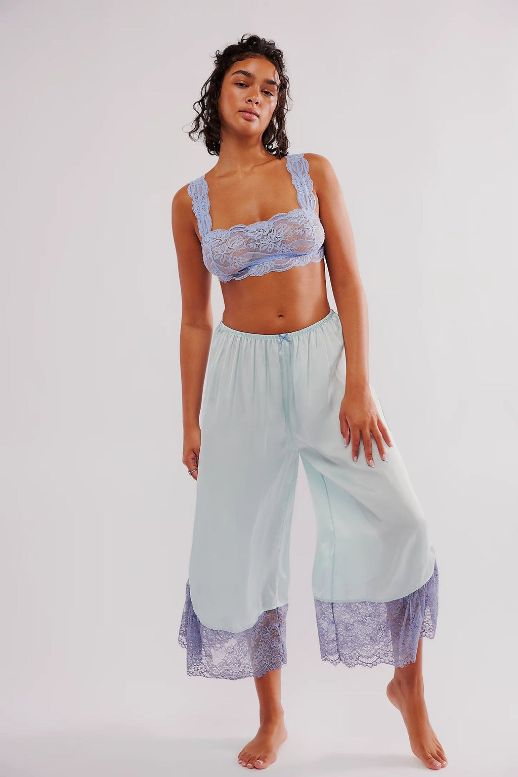 Women’s lace satin stitching loose wide-leg casual trousers from Wanita Store, stylish and comfortable office bottoms.