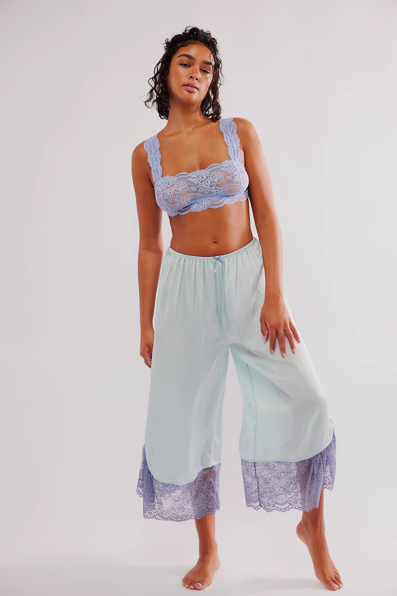 Women’s lace satin stitching loose wide-leg casual trousers from Wanita Store, stylish and comfortable office bottoms.