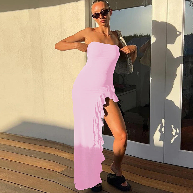 Women Clothing Summer Solid Color Ruffles Sexy Slit Tube Top Dress Hair Bella Mia