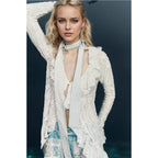 Lace V-neck women's autumn ruffle cardigan with long sleeves and short knitted top from Plush Fashion Hub.