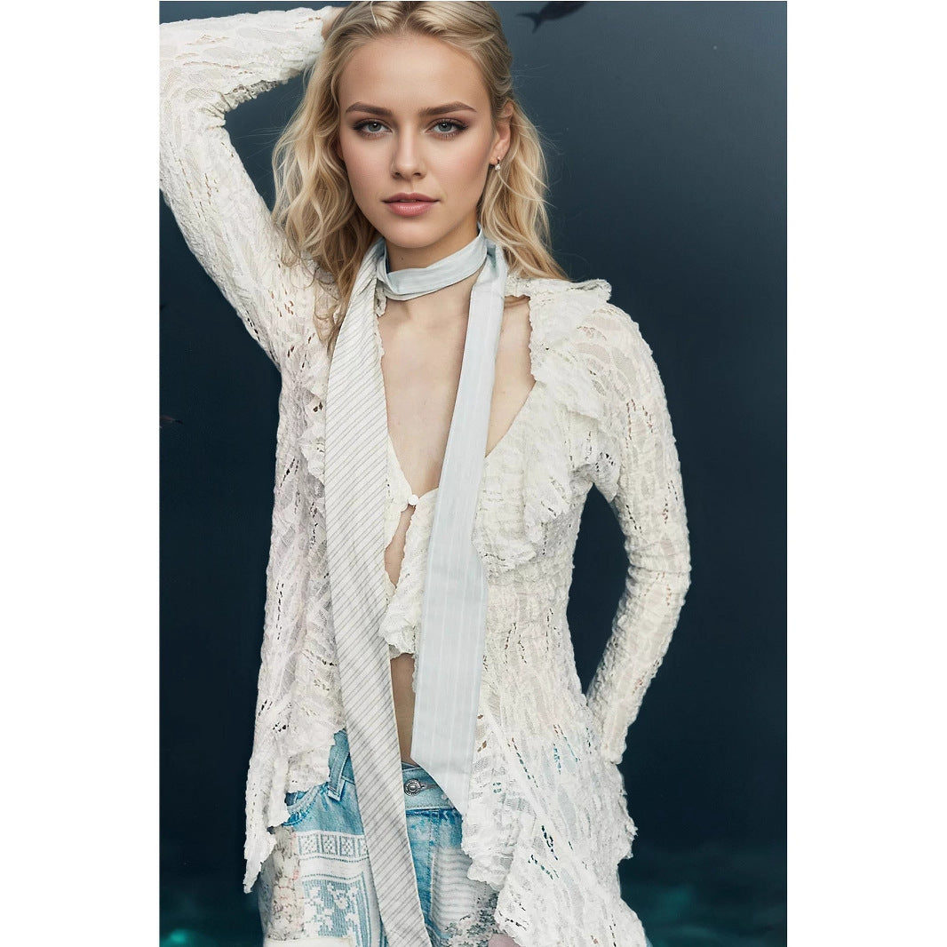 Lace V-neck women's autumn ruffle cardigan with long sleeves and short knitted top from Plush Fashion Hub.