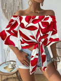 Women Clothing Early Autumn Satin Shirt Printed off the Shoulder Red Loose Fitting Shirt Bella Mia