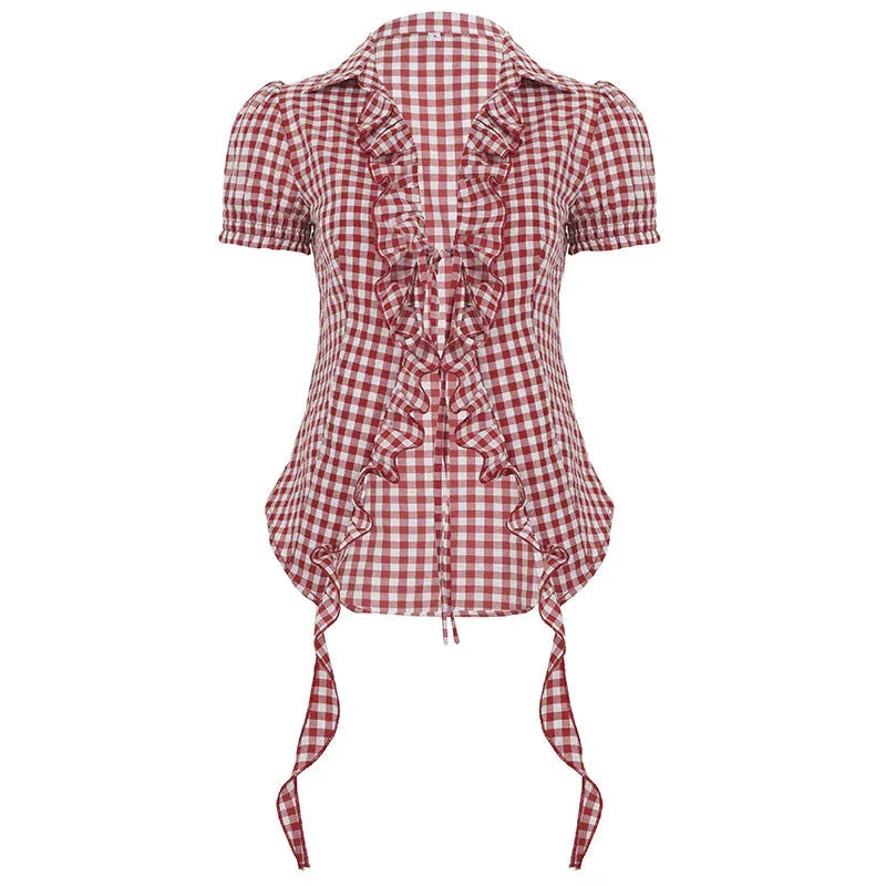 Red Plaid Women Pleated Stringy Selvedge Lace up Puff Sleeve Shirt - Plush Fashion Hub