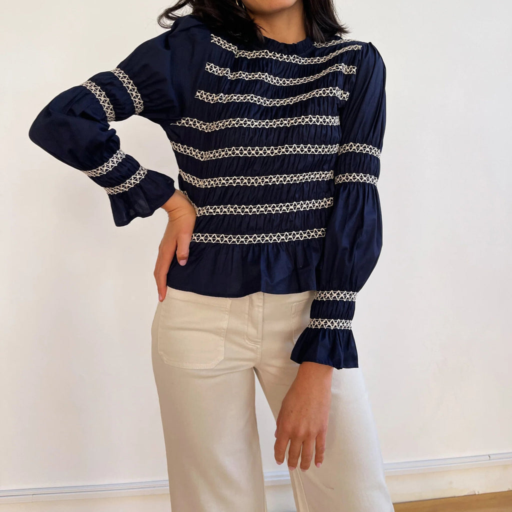 Bella Mia multicolor long-sleeve casual top with high collar, smocking details, perfect for autumn and winter wear.