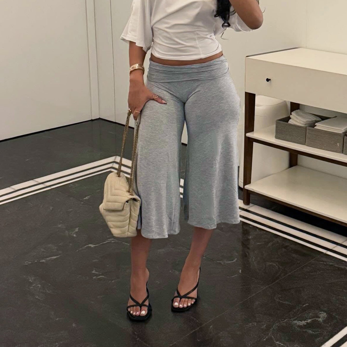 Casual sports cropped pants by Plush Fashion Hub with high waist, solid color, straight-leg, wide-leg style, and retro design.