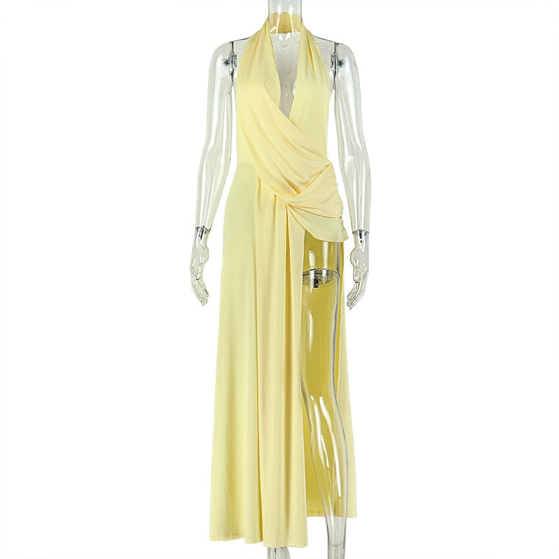 Backless women's pleated halter dress with V-neck in solid color, perfect for casual or home wear, by Wanita Store.