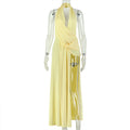 Backless women's pleated halter dress with V-neck in solid color, perfect for casual or home wear, by Wanita Store.