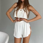 Bella Mia spring cool suspender shorts pajama set for ladies, featuring breathable knitted fabric and comfortable homewear style.