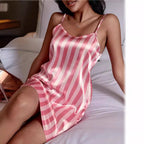 Women’s Bella Mia ice silk strap night dress with backless design, breathable printed suspender pajamas, sexy and lightweight.
