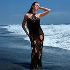 Bella Mia solid color sexy cutout halter beach cover-up bikini swimsuit dress for women, featuring a stylish beachwear design.