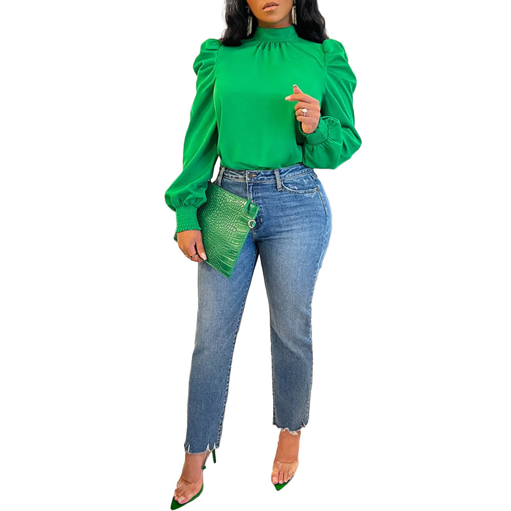Women’s solid color long sleeve top with stand-up collar and puff sleeves by Bella Mia, featuring back lace-up detail and versatile style