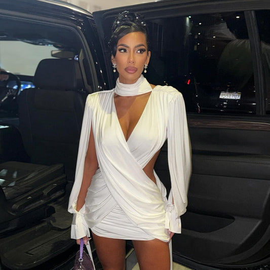 Autumn Winter Women Solid Color Sexy Hollow Out Cutout Long Sleeved Deep V Plunge neck Cross Stitching Hip Dress Bella Mia