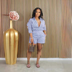 Women’s casual spring summer striped two-piece set with button-up top and shorts, stylish and comfortable from Wanita Store.