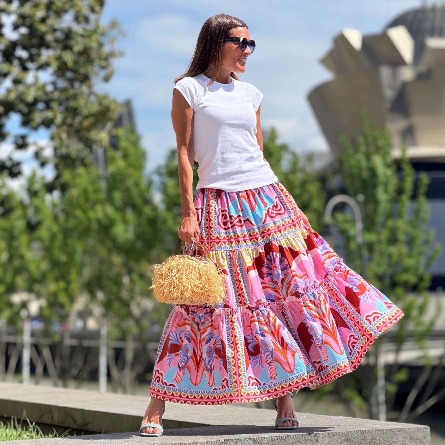 Printed ruffled summer skirt by Plush Fashion Hub, large swing style, long flowy skirt for women with colorful floral pattern.
