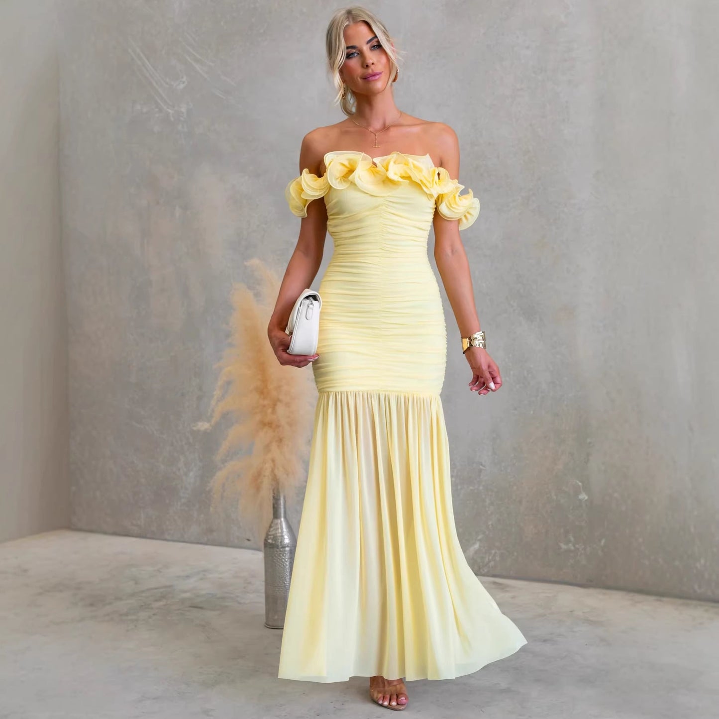 Solid color mesh off-shoulder dress by Plush Fashion Hub, slim fit summer vacation dress with sexy, stylish design.