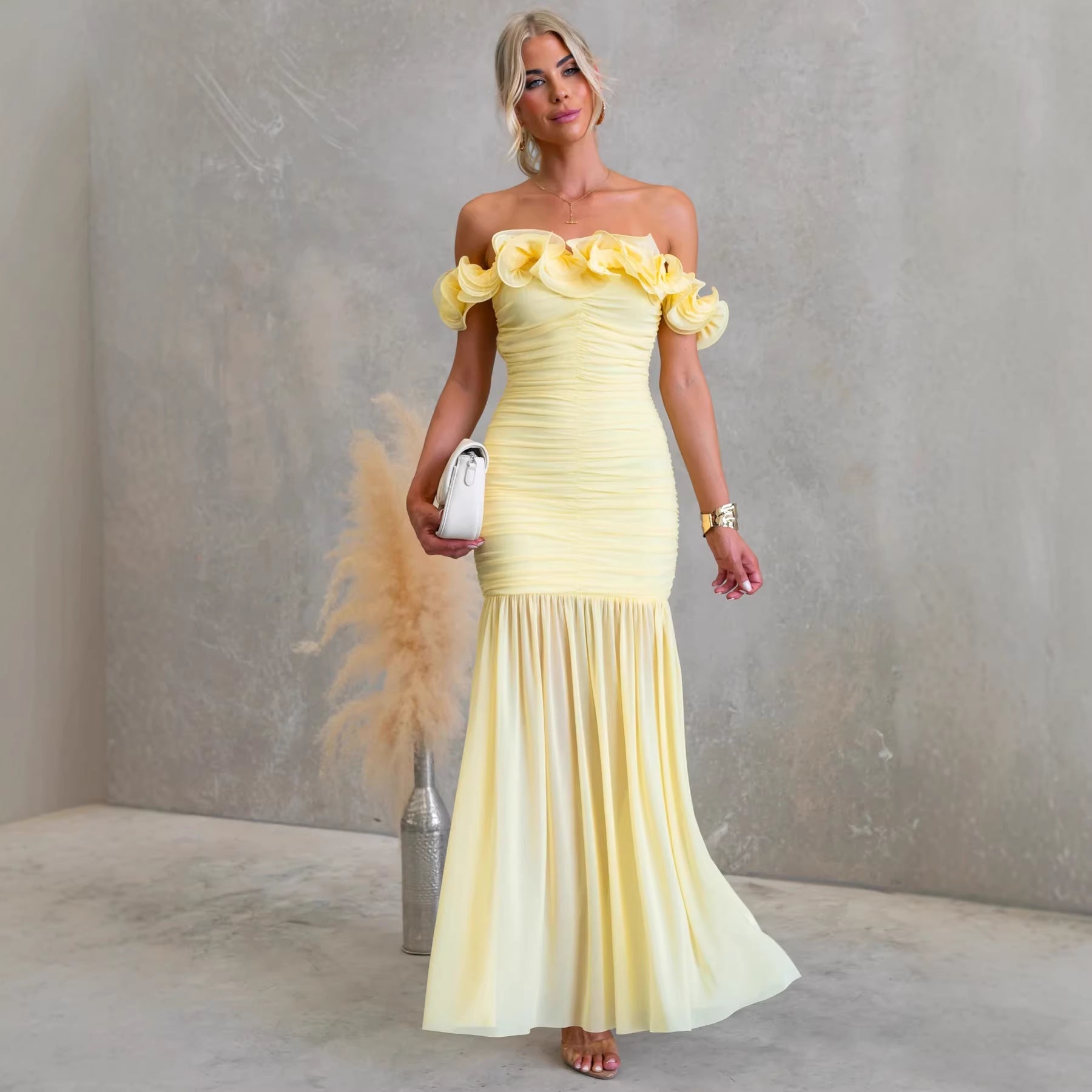 Solid color mesh off-shoulder dress by Plush Fashion Shop, slim fit, perfect for spring and summer vacations.